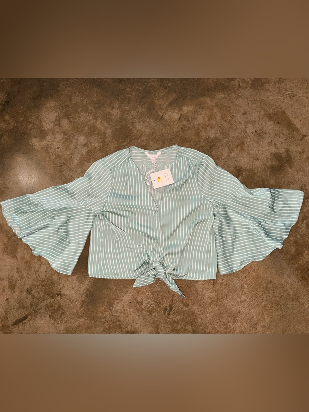 NWT LC Lauren Conrad Mint Stripe Tie Front Bell Sleeve Blouse XS Crop Top